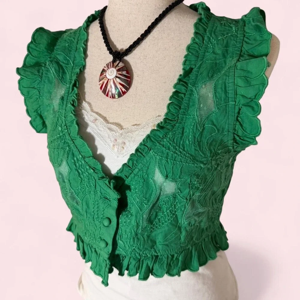 Free People Green Ruffle Lace Cardigan Top OB1826841 XS